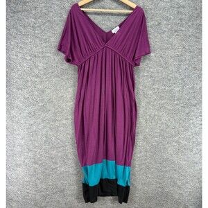 Biaggi Dress Women L Large Purple Striped Sheath Midi V-Neck Short Sleeve Rayon